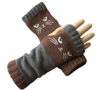 Women’s Knitted Fingerless Gloves with Cat Embroidery, Vintage Cat Themed -Thick Warm Winter Gloves, Women Warm Winter Wool Mittens, Knit Stretchy Gloves Stocking Stuffers for Women Gifts (Coffee)