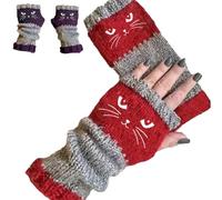 Women’s Knitted Fingerless Gloves with Cute Cat - Cat Embroidery Splicing Knitted Gloves, Winter Hand Warmers (Red)