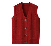 Women’s Knitted Waistcoat Vest - V Neck Button down Cardigan Gilet, Cable Knit Sleeveless Jumper with Pockets, Casual Loose Fit Pullover Top, Autumn Winter Layering Knitwear