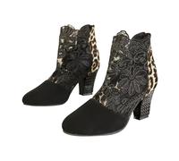 Women’s Lace Ankle Boots - Block Heel Ankle Booties with Floral Embroidery and Leopard Pattern, Breathable Mesh High Heel Shoes with Side Zip for Formal Dinners and Theatre Nights