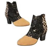 Women’s Lace Ankle Boots - Block Heel Ankle Booties with Floral Embroidery and Leopard Pattern, Breathable Mesh High Heel Shoes with Side Zip for Formal Dinners and Theatre Nights