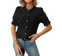 Women’s Lace Blouses Shirts Ladies Puff Short Sleeve Summer Tops Button Down Casual T-Shirts Sexy Dressy See Through Tunic Tee Black M