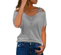 Women’s Lace Cold Shoulder Top Short Sleeve Casual Blouse Floral Crochet Neckline Loose Fit Summer Tunic for Holiday Party Date Night Everyday Wear