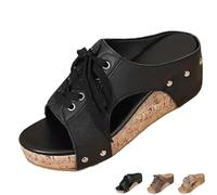 Women‘s Lace Up Cork Wedge Sandals with Arch Support - Non-Slip Platform Summer Shoes for Beach Vacation, Comfortable Adjustable Ankle Wrap for Wide Feet (Black,6)