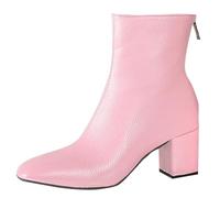 Women’S Leather Square Toe Ankle Boots Back-Zipper Mid Calf Booties