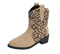 Women’s Leopard Patchwork Western Boots，cowboy Ankle Boots with Low Block Heel，suede Effect Pull on Cowgirl Booties，classic Pointed Toe Design，comfort Lining，stitched Detail