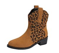 Women’s Leopard Patchwork Western Boots，cowboy Ankle Boots with Low Block Heel，suede Effect Pull on Cowgirl Booties，classic Pointed Toe Design，comfort Lining，stitched Detail