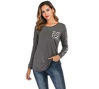 Women’s Leopard Print Long Sleeve Top Casual Crew Neck T-Shirt Patchwork Sleeve Tunic Blouse with Pocket Loose Fit Ladies Tops (Grey, XL)