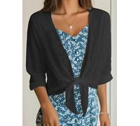 Women’s Lightweight Sheer Polyester Tie-Front V-Neck Cardigan (Black,Large)