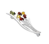 Women’s Lily Brooch with Amber and Cubic Zirconia, Polished Sterling Silver, Natural Baltic Amber in Three Colours