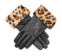 Women’s Lined Leather Gloves with Calf-hair Leopard Print Cuffs - Black / M