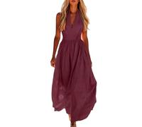 Women’s Linen Maxi Dress, Deep V-Neck Sleeveless Bodice, Cinched High Waist Silhouette, Refined Sundress for Wedding Guest Cocktail Events(Dark Purple, XXL)