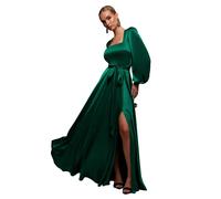 Women’s Long Fitted A-Line Dress with Square Neck and Puff Sleeves in Satin Goddiva Vert 44