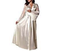 Women’s Long Ice Silk Robes, See Through Mesh Lace Flared Sleeves Dressing Gown Pajamas, Full Length Cardigan Bridesmaid with Satin Belt, V-Neck Waist Tie Bathrobe Loose Fit Long Sleeve Nightdress