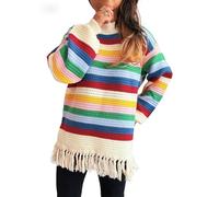 Women’s Long Knit Sweater with Rainbow Stripes & Fringe Bottom - Oversized Retro Style Jumper