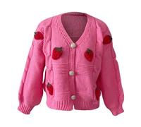 Women’s Long Sleeve Cardigan Fashion Open Front Button Top Chunky Knitted Cardigans with Strawberry Embroidery Ladies Sweater Winter Jumper UK(Pink, S)