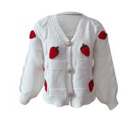 Women’s Long Sleeve Cardigan Fashion Open Front Button Top Chunky Knitted Cardigans with Strawberry Embroidery Ladies Sweater Winter Jumper UK(White #01, M)