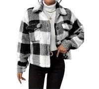 Women’s Long Sleeve Cropped Sherpa Fleece Plaid Jacket, Button down Drop Shoulder Crop Teddy LapelCoat with Pocket (Black,M)