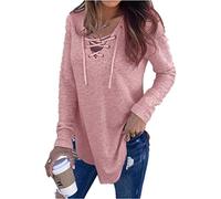 Women’s Long Sleeve Deep V Neck Lace Up Criss Cross Casual Solid T-Shirt Tee Tops Blouse Drawstring Cotton Tops Pink