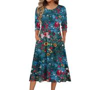 Women’s Long Sleeve Floral Print Midi Dress with Pockets Crew Neck Casual Loose Fit Soft Fabric Comfortable Style(Blue,M)