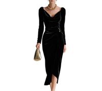 Women’s Long Sleeve Velvet Midi Dress with Ruched Waist and Asymmetric Hem Formal Evening Wear