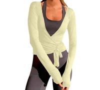Women’s Long Sleeve Wrap Top for Yoga & Gym - Slim Fit V Neck Tie Front Activewear, Lightweight Stretch Workout Sports Top for Spring (Yellow, L)