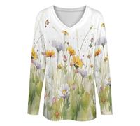 Women’S Loose Fit Long Sleeve T-Shirt - Watercolor Daisies Basic Oversized Tee, Flowers Butterflies Lightweight & Breathable for Everyday Wear White Machine Washable 4XL