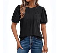 Women ' s Loose Fit Pullover Tunics Elegant Puff Short Sleeve Pleated Round Neck Top Women ' s Round Neck T-Shirt Loose Fit Tees Puff Sleeve T with Front Design