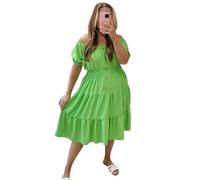 Women’s Magic Button Midi Dress Plain Casual Short Sleeve Elasticated Off Shoulder Sundress Swing Basic Italian Solid Color Summer Dress for Women Plus Size (Jade Green, UK 12-24)