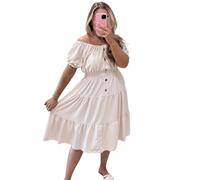 Women’s Magic Button Midi Dress Plain Casual Short Sleeve Elasticated Off Shoulder Sundress Swing Basic Italian Solid Color Summer Dress for Women Plus Size (Beige, UK 12-24)