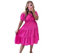 Women’s Magic Button Midi Dress Plain Casual Short Sleeve Elasticated Off Shoulder Sundress Swing Basic Italian Solid Color Summer Dress for Women Plus Size (Cerise, UK 12-24)