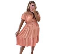 Women’s Magic Button Midi Dress Plain Casual Short Sleeve Elasticated Off Shoulder Sundress Swing Basic Italian Solid Color Summer Dress for Women Plus Size (Peach, UK 12-24)