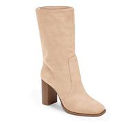 Women’s Mid-calf Boots Chunky Stacked Heel Square Toe Side Zipper Slip-on Suede Winter Booties, Nude, 5 UK