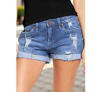 Women’s Mid Rise Stretchy Ripped Denim Shorts for Casual Summer Wear with Frayed Hem