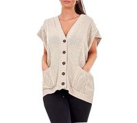 Women’s Moss V-Neck 5 Buttons Cable Knitted Waistcoat Ladies Pockets Buttons Cable Grandad Cardigan Sleeveless Knitted Casual Wear Waistcoat Winter Wear Sweater UK Size 8-26 Beige