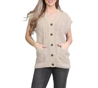 Women’s Moss V-Neck 5 Buttons Cable Knitted Waistcoat Ladies Pockets Buttons Cable Grandad Cardigan Sleeveless Knitted Casual Wear Waistcoat Winter Wear Sweater UK Size 10-26 Stone
