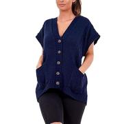 Women’s Moss V-Neck 5 Buttons Cable Knitted Waistcoat Ladies Pockets Buttons Cable Grandad Cardigan Sleeveless Knitted Casual Wear Waistcoat Winter Wear Sweater UK Size 8-26 Navy