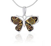 Women’s Necklace, Polished Sterling Silver, Cherry Baltic Amber, Silver Nymphalidae Butterfly Pendant on Chain with Carved Amber