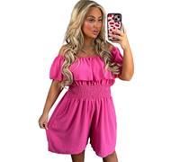 Women’s Off Shoulder Frill Rara Bardot Magic Side Pockets Mini Dress Ladies Shirred Slinky Stretch Elasticated Waist Chiffon Flowy Leg Holiday Summer Playsuit Plus Size (Fuchsia , UK 12-24)