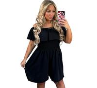 Women’s Off Shoulder Frill Rara Bardot Magic Side Pockets Mini Dress Ladies Shirred Slinky Stretch Elasticated Waist Chiffon Flowy Leg Holiday Summer Playsuit Plus Size (Black , UK 12-24)