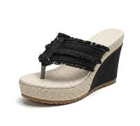 Women’s Open Toe Bohemia Denim Wedge Platform Flip Flops (Black,5.5)