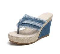 Women’s Open Toe Bohemia Denim Wedge Platform Flip Flops (Blue,6.5)
