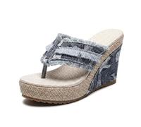 Women’s Open Toe Bohemia Denim Wedge Platform Flip Flops (Blue-gray,4.5)