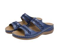 Women’s Open Toe Wedge Mules, Double Strap Slip-On Sandals with Hollow-Out Cutout, Comfortable Arch Support Soft Sole Footwear for Summer, Casual & Everyday Wear(Navy, 4.5)