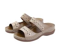 Women’s Open Toe Wedge Mules, Double Strap Slip-On Sandals with Hollow-Out Cutout, Comfortable Arch Support Soft Sole Footwear for Summer, Casual & Everyday Wear(Beige, 7.5)
