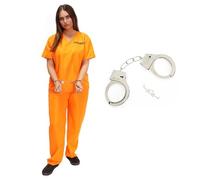 Women’s Orange Prisoner Costume with Handcuffs - X-Large Jail Inmate Outfit with Top, Trousers & Prop Cuffs - Halloween, Cops and Robbers, Fancy Dress Party Costum