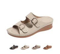 Women’s Orthopaedic Double Strap Slide Sandals, Summer Cushion Walk Shoes, Wide Fit Open Toe Leather Beach Mule Slippers(Apricot,5.5 UK)