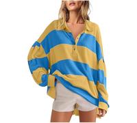 Women’s Oversized Striped Polo Sweatshirt - Y2K Color Block Loose Fit Long Sleeve V Neck Lapel Collared Pullover Tops Casual Fall Henley Rugby Shirt Preppy Style T-Shirt Outfits (XX-Large,02#blue)