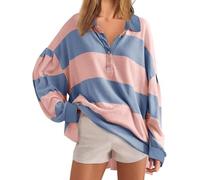 Women’s Oversized Striped Polo Sweatshirt - Y2K Color Block Loose Fit Long Sleeve V Neck Lapel Collared Pullover Tops Casual Fall Henley Rugby Shirt Preppy Style T-Shirt Outfits (X-Large,01#pink)