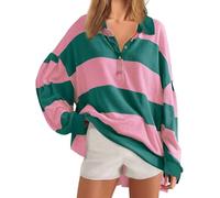 Women’s Oversized Striped Polo Sweatshirt - Y2K Color Block Loose Fit Long Sleeve V Neck Lapel Collared Pullover Tops Casual Fall Henley Rugby Shirt Preppy Style T-Shirt Outfits (X-Large,02#pink)